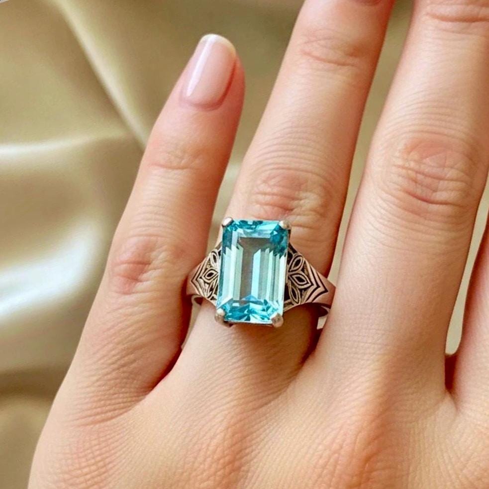 Art Deco Natural Aquamarine Ring: Everyday Platinum silver size 8.5 ring