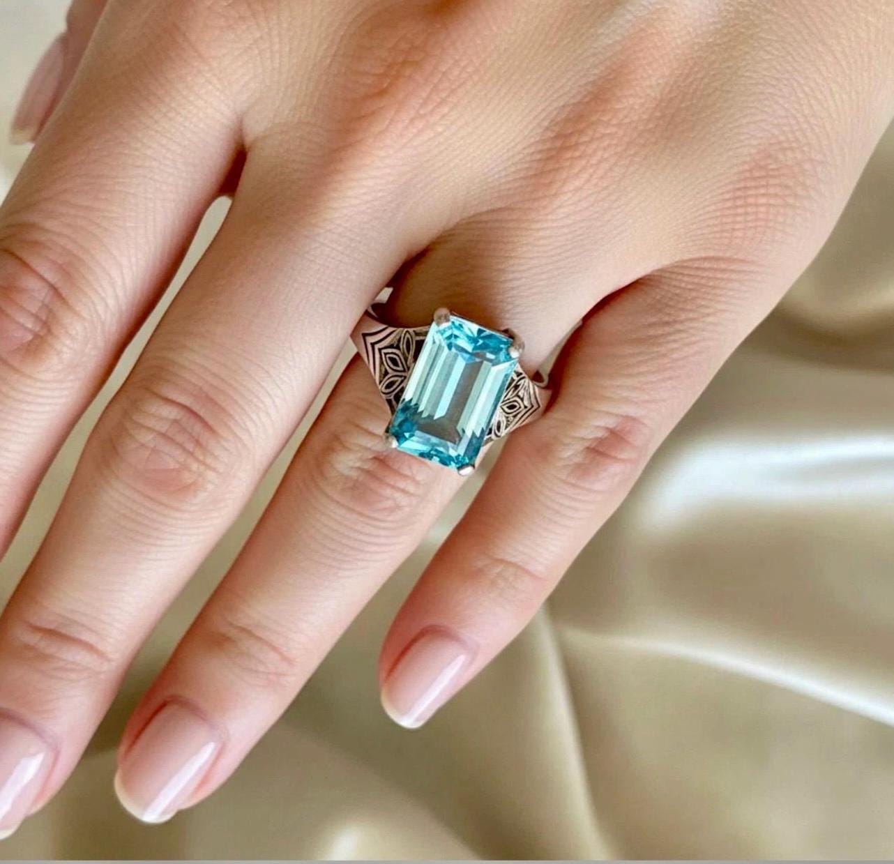 Art Deco Natural Aquamarine Ring: Everyday Platinum silver size 8.5 ring - Image 10