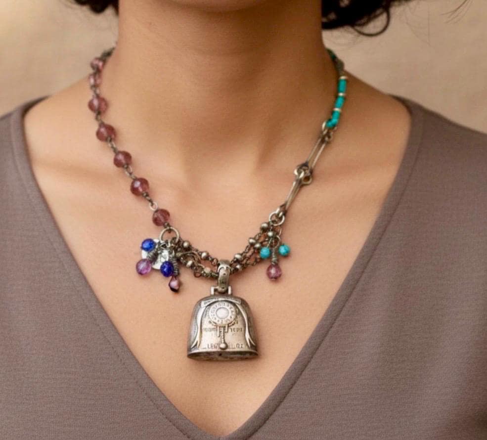Handmade Sterling Silver Baby Rattle Necklace: Amethyst, Garnet, Ruby Boho Jewelry