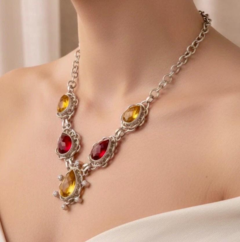 Vintage Rose Quartz Sterling Silver Necklace: Red & Yellow Gemstone Pendant