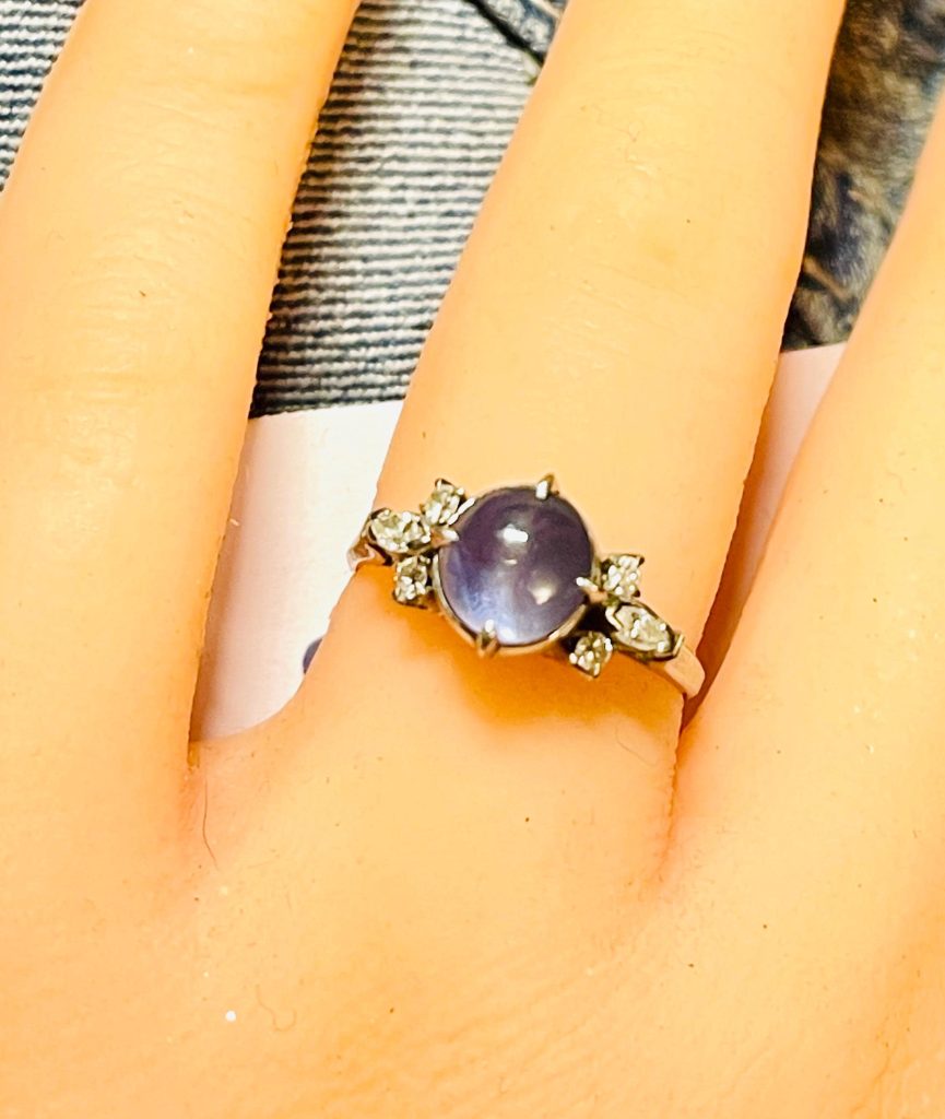 Art Deco Platinum Ring: Purple Blue Star Sapphire, Diamond Accents, Size 6