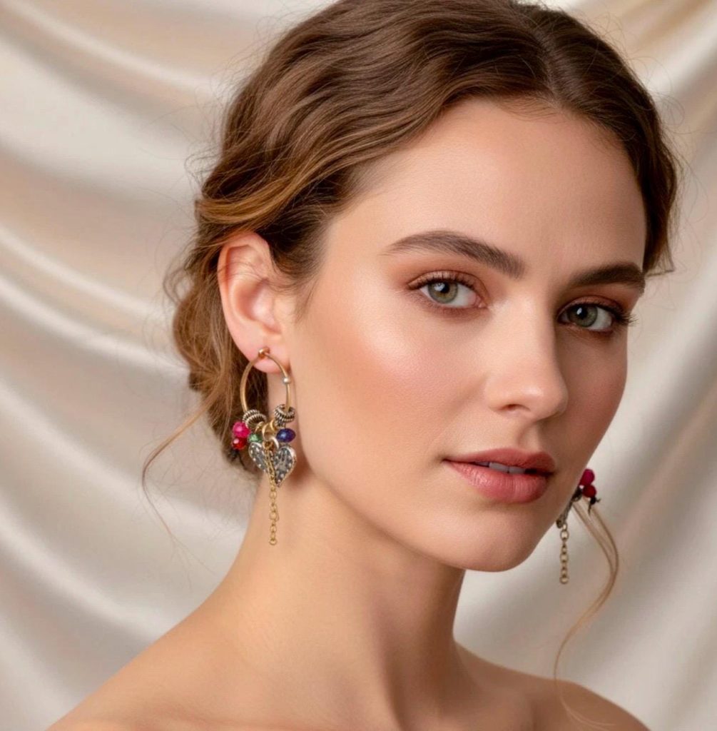 10kt Gold Hoop Earrings: Sterling Silver Heart Charms & Gemstones