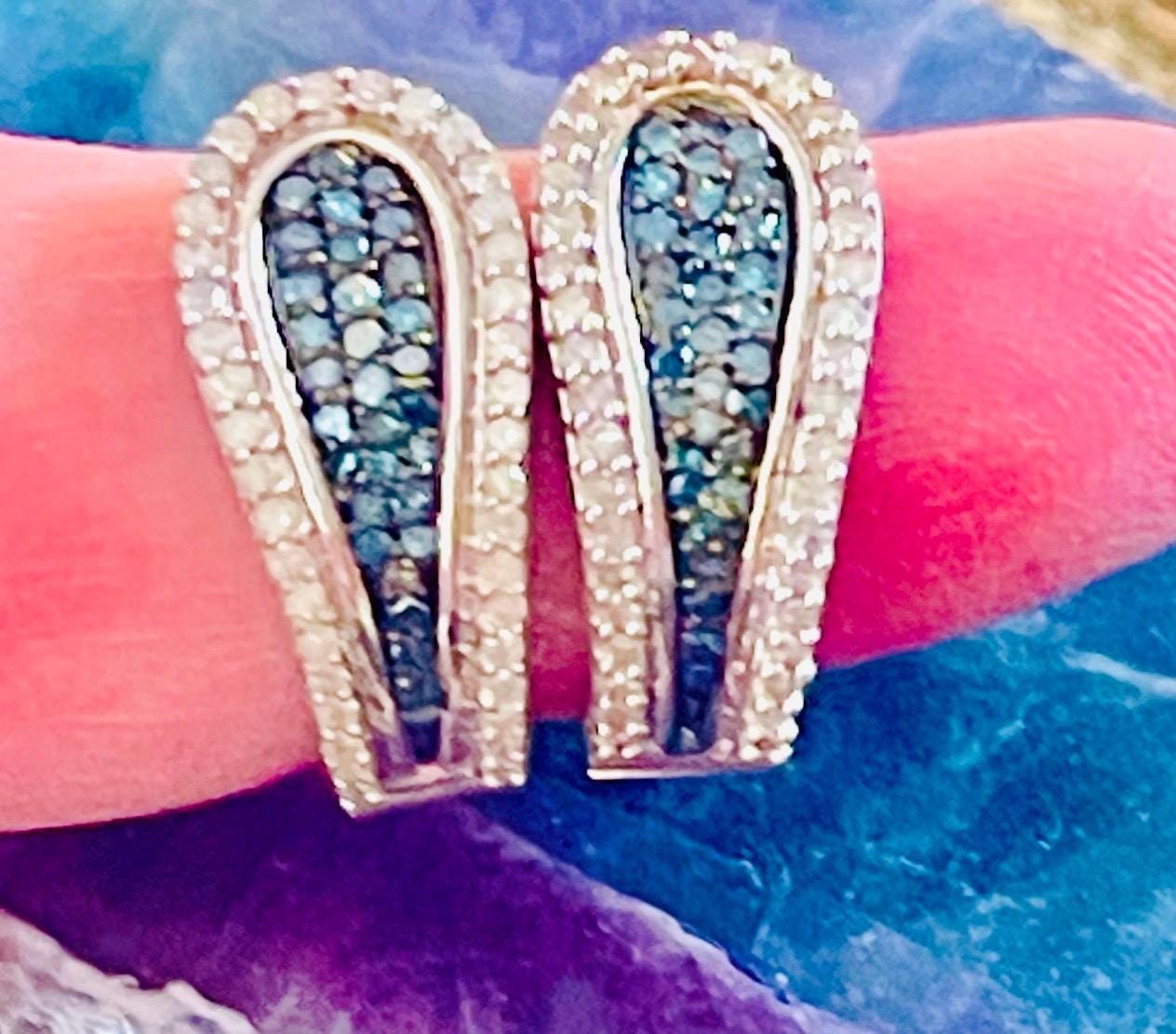 Reversible Blue White Diamond Hoop Earrings – Solid Gold Huggies