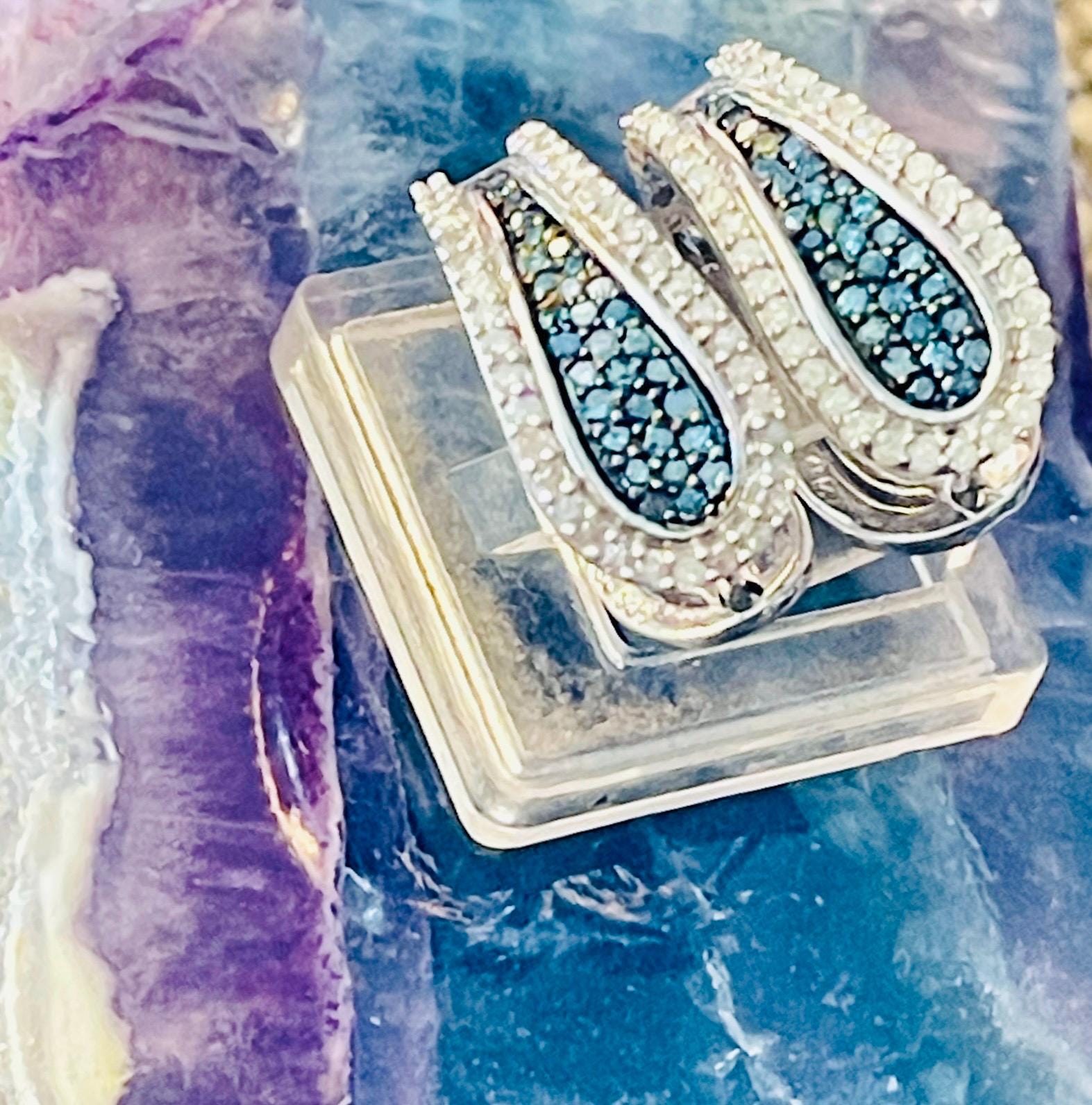 Reversible Blue White Diamond Hoop Earrings – Solid Gold Huggies - Image 4
