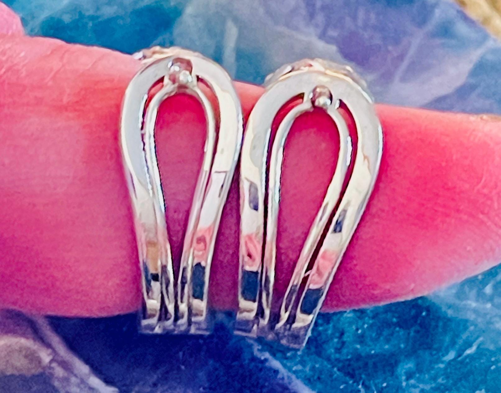 Reversible Blue White Diamond Hoop Earrings – Solid Gold Huggies - Image 3