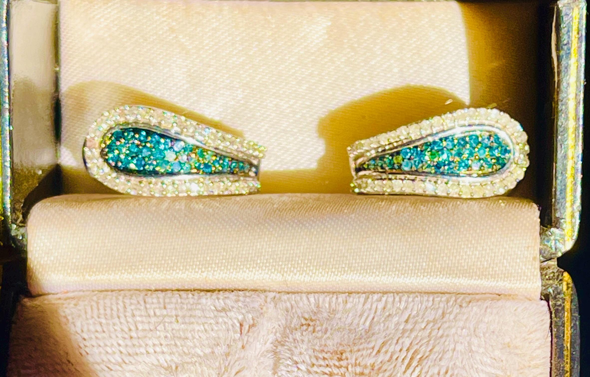 Reversible Blue White Diamond Hoop Earrings – Solid Gold Huggies - Image 5