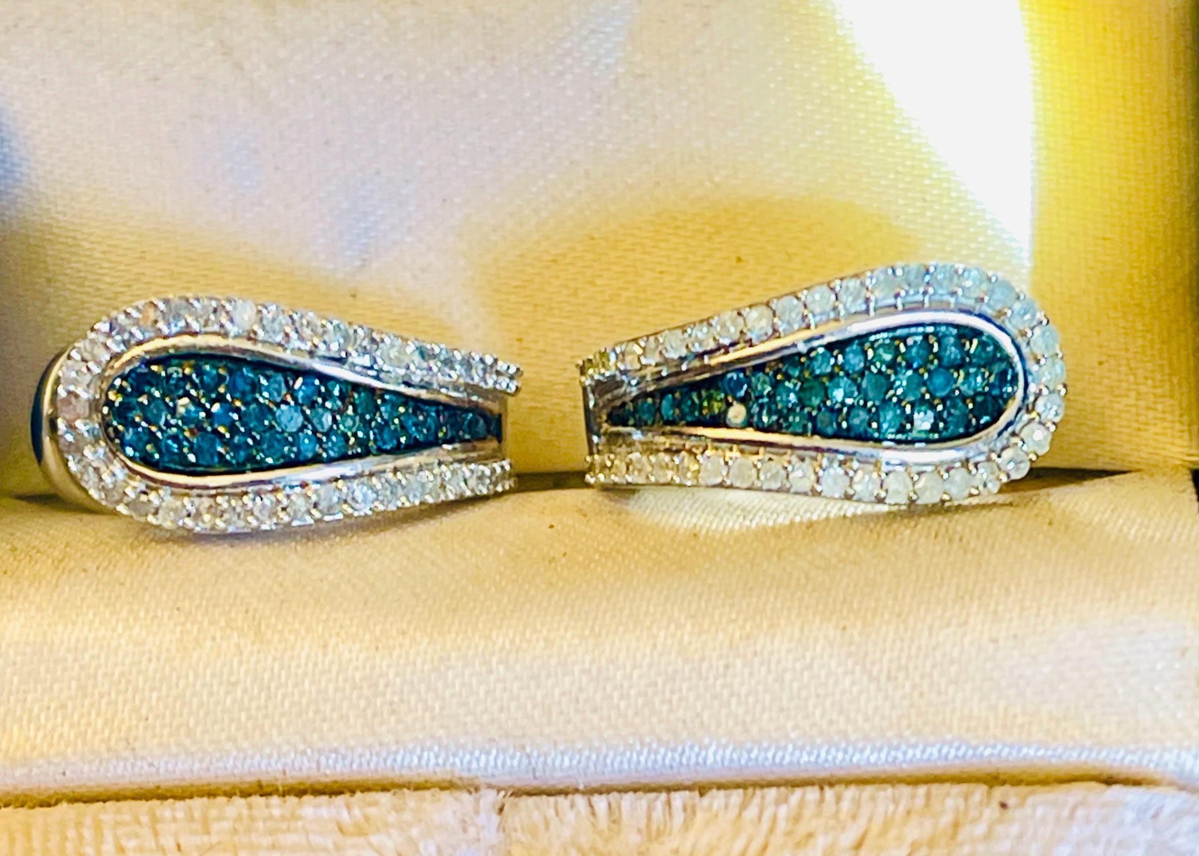 Reversible Blue White Diamond Hoop Earrings – Solid Gold Huggies - Image 9