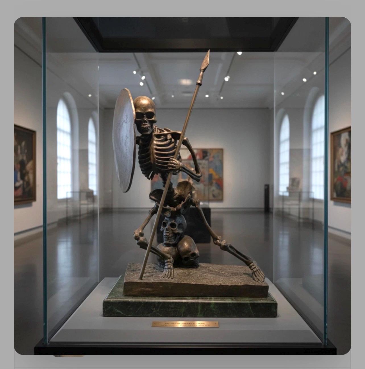 Bronze Warrior Skeleton Sculpture – Memento Mori Art, Milo Artist, Marble Base - Image 2