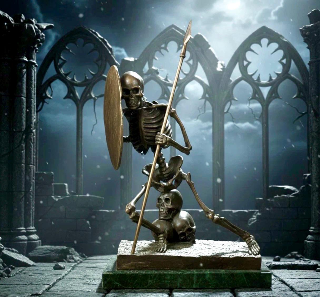 Bronze Warrior Skeleton Sculpture – Memento Mori Art, Milo Artist, Marble Base - Image 3