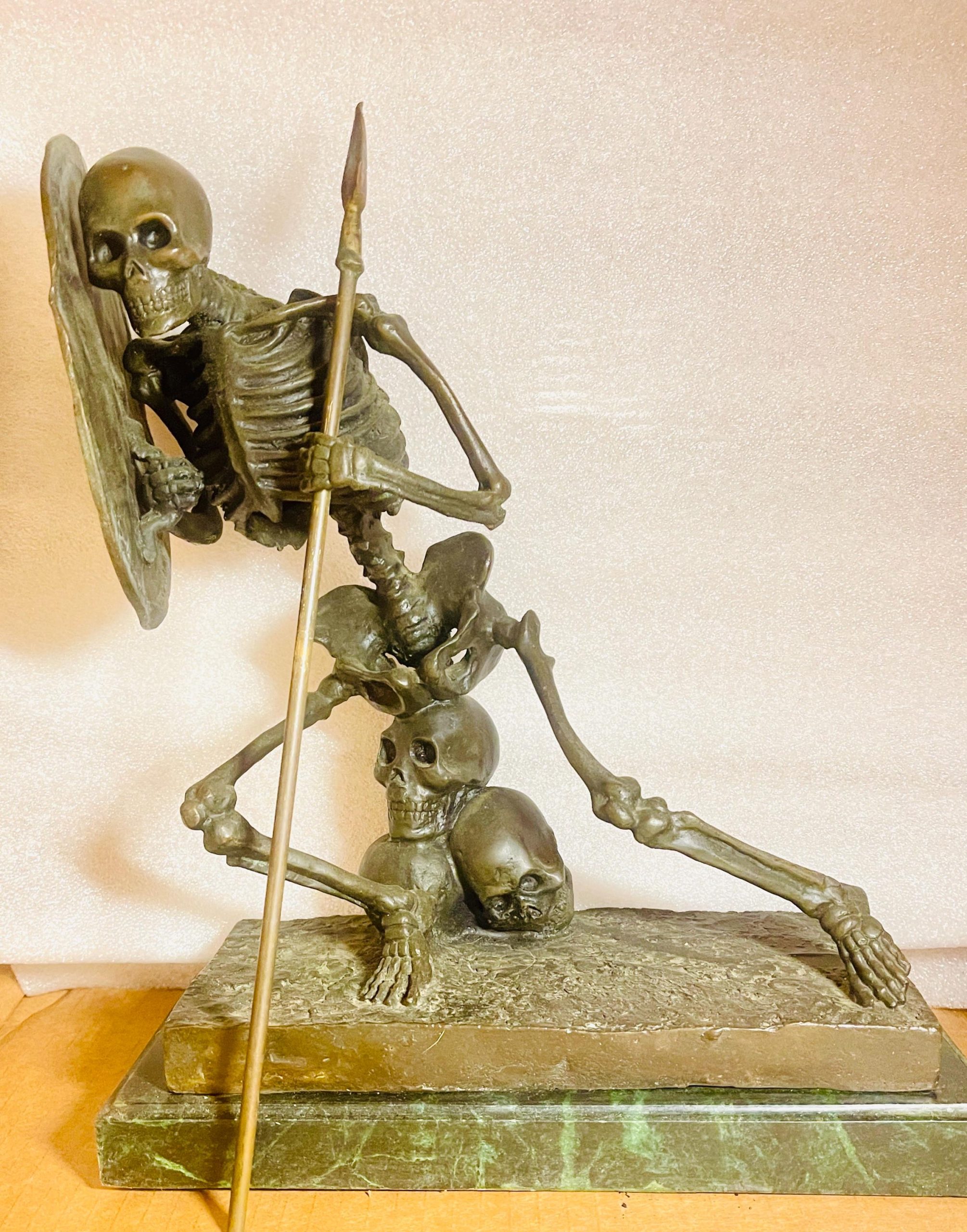 Bronze Warrior Skeleton Sculpture – Memento Mori Art, Milo Artist, Marble Base - Image 9