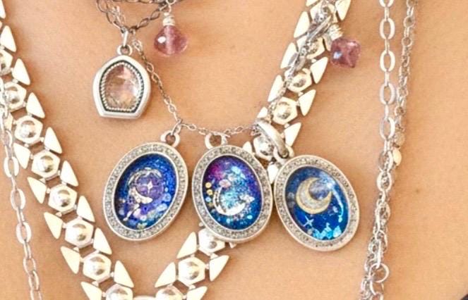 Handmade Moon and Stars black diamond Necklace: Sterling Silver Satellite Chain, shaker crystal Pendant - Image 7