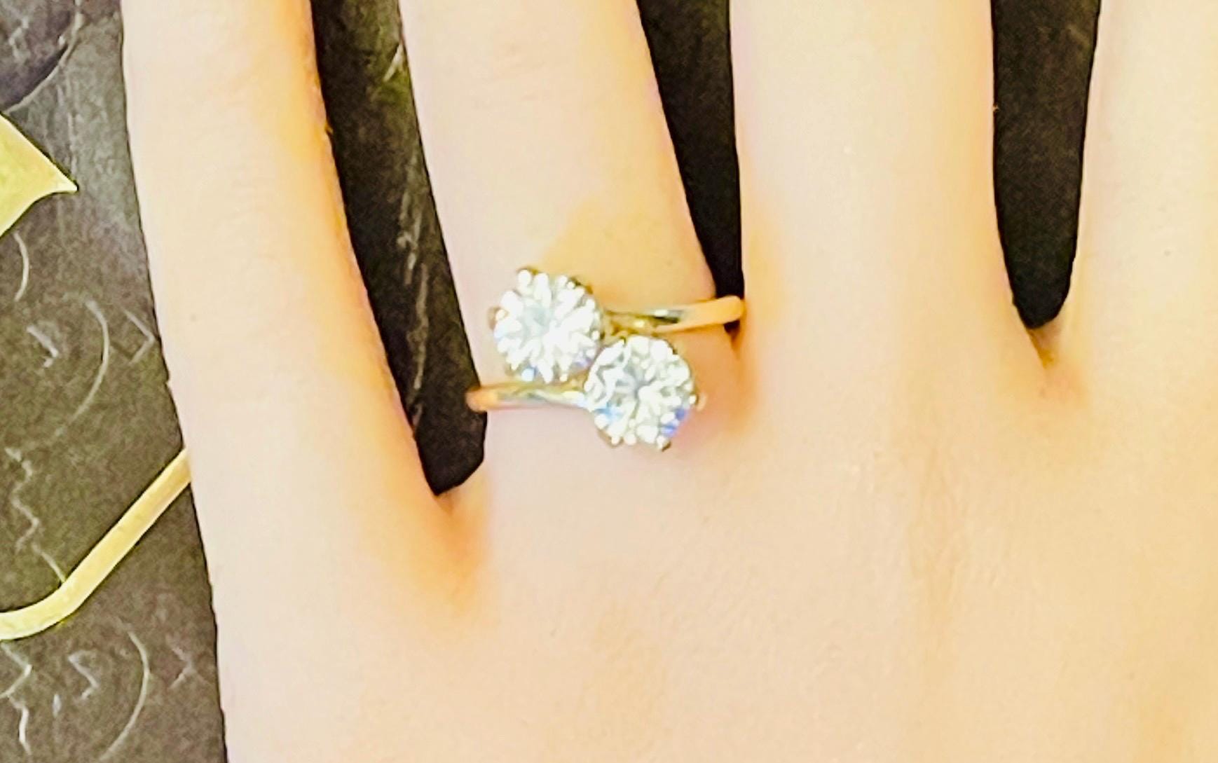Vintage Toi et Moi Bypass Ring: 14k Yellow Gold Vermeil, Two Carat Cubic Zirconia - Image 7