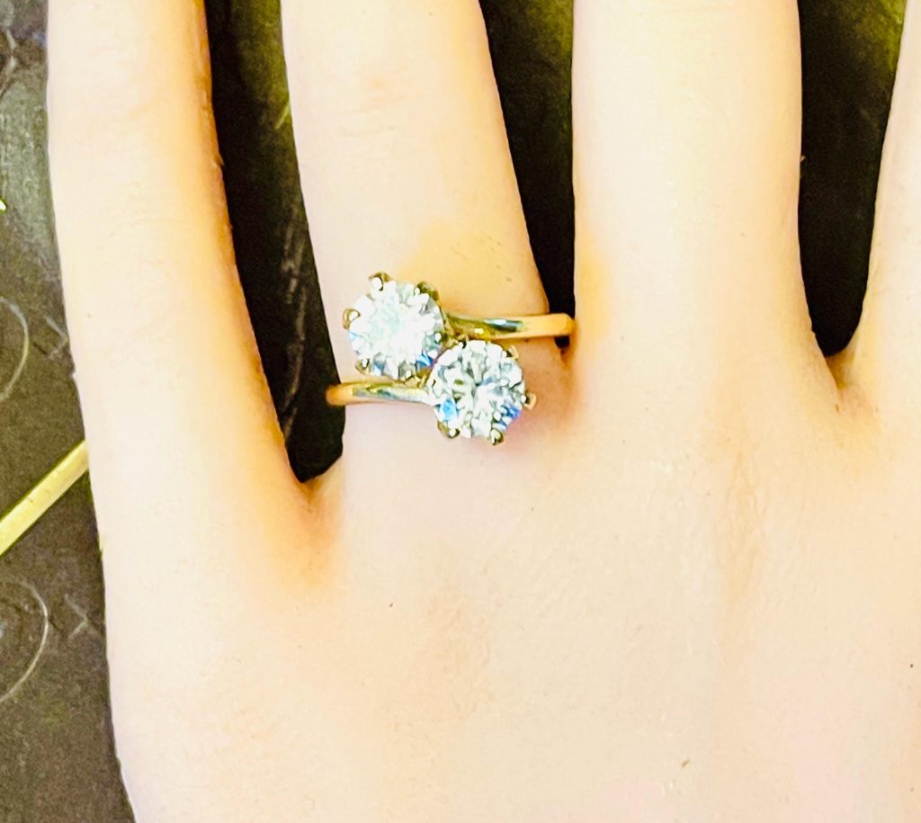 Vintage Toi et Moi Bypass Ring: 14k Yellow Gold Vermeil, Two Carat Cubic Zirconia