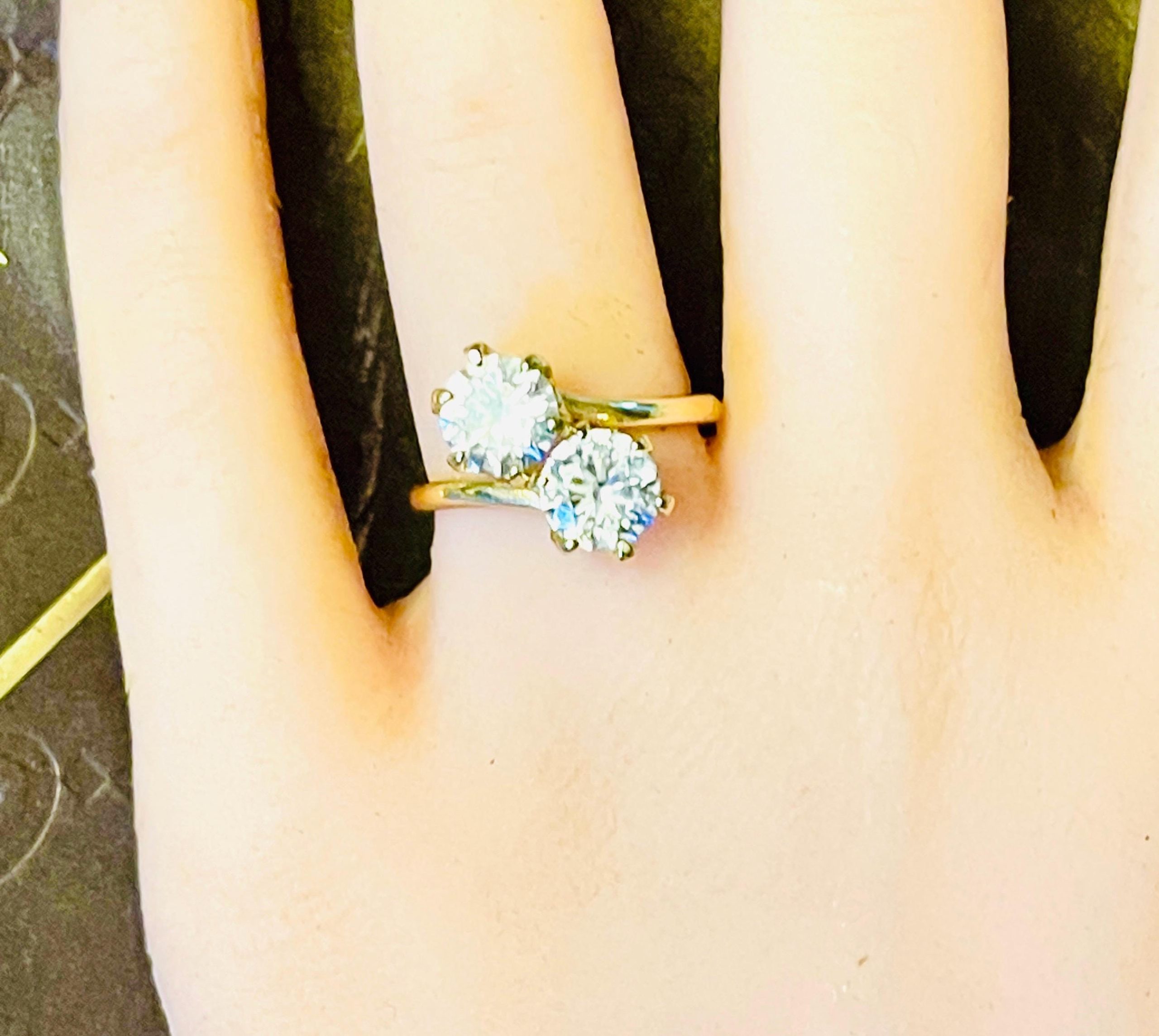 Vintage Toi et Moi Bypass Ring: 14k Yellow Gold Vermeil, Two Carat Cubic Zirconia