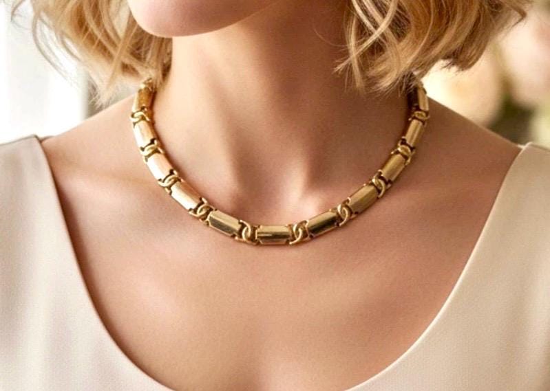 Vintage Sterling Silver & 18K Gold Link Necklace – Collar Choker, Elegant Jewelry - Image 2