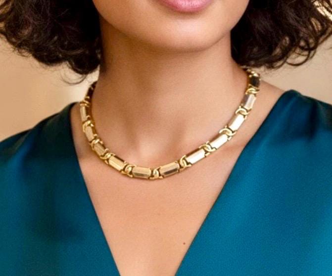 Vintage Sterling Silver & 18K Gold Link Necklace – Collar Choker, Elegant Jewelry - Image 4