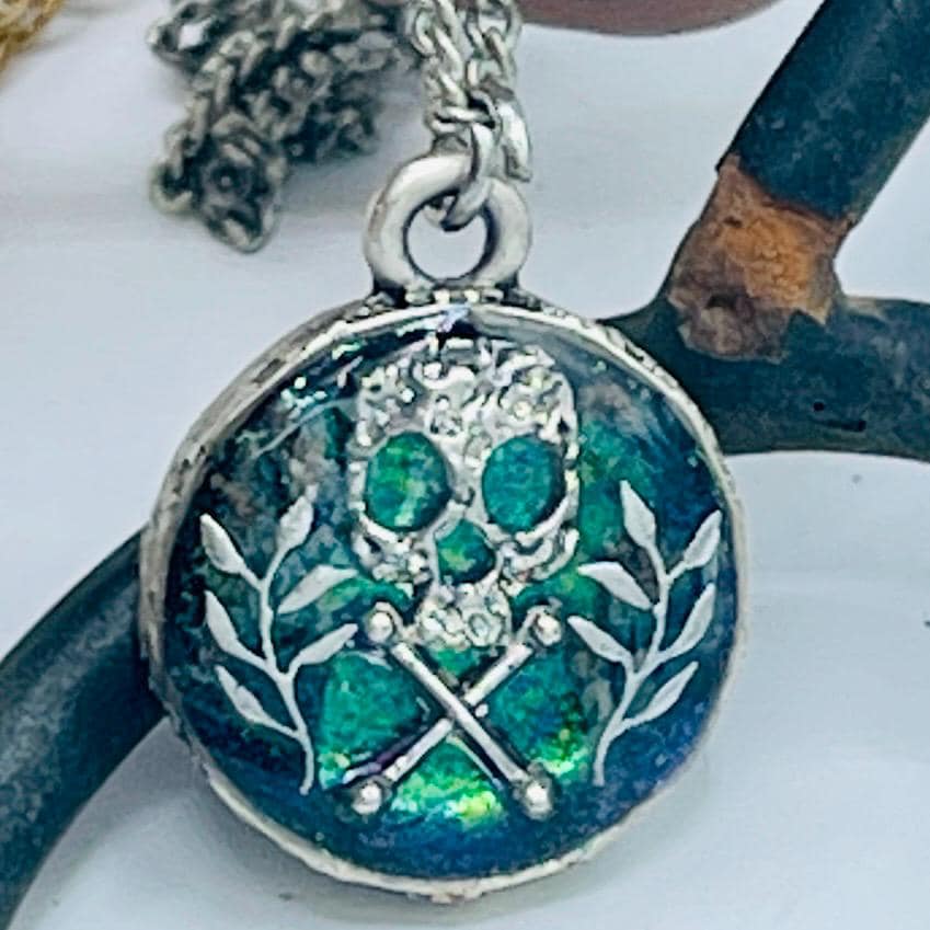 Gothic green blue skull Pendant Necklace: Memento Mori skull, Sterling Silver Chain