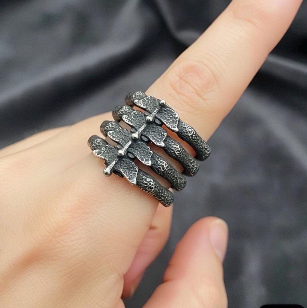 Gothic Spine Skull Ring: Blackened Stainless Steel Memento Mori Adjustable Band