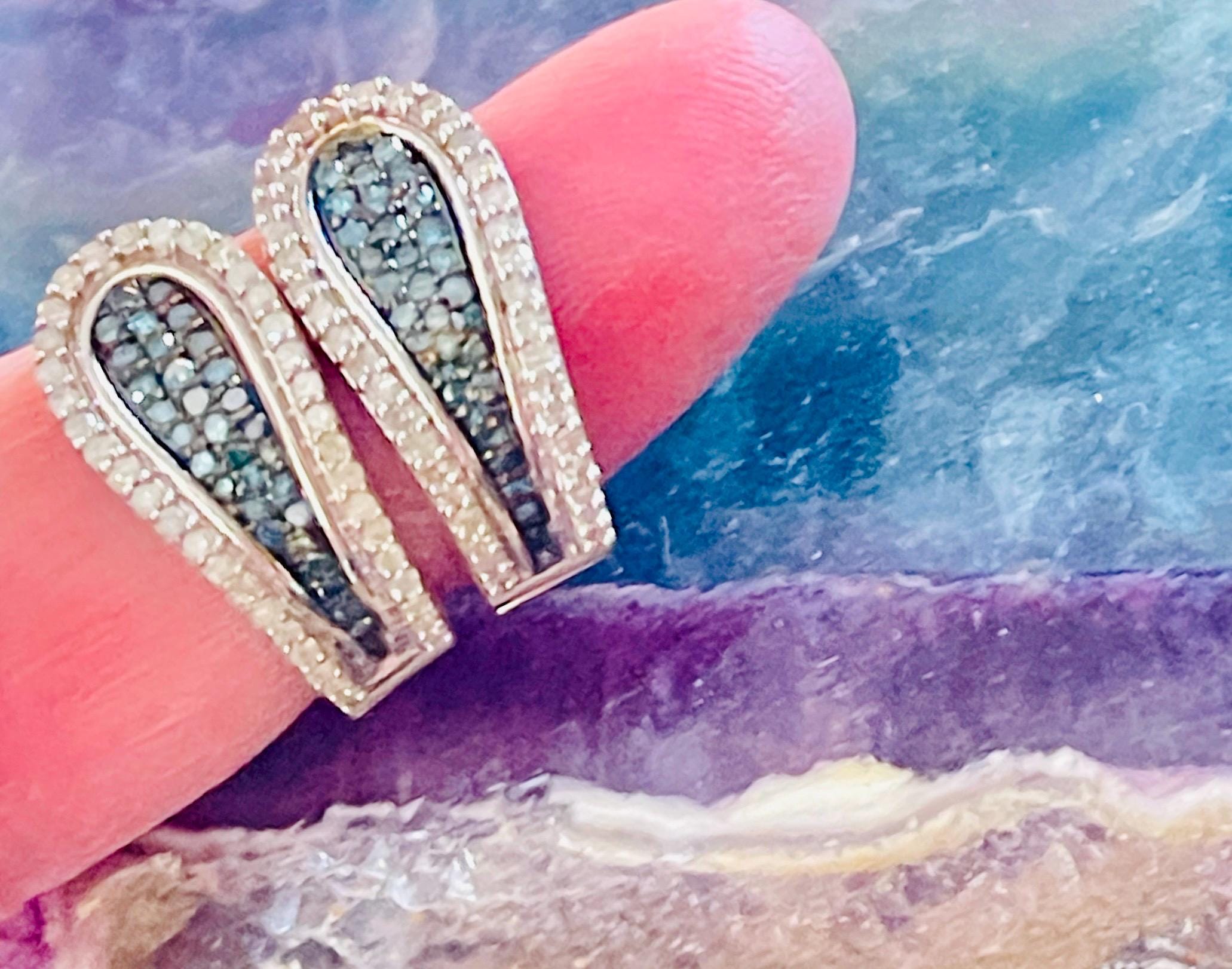 Reversible Blue White Diamond Hoop Earrings – Solid Gold Huggies - Image 6