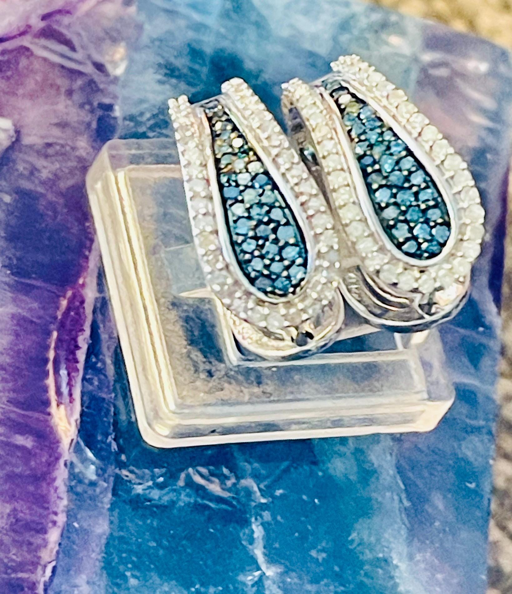 Reversible Blue White Diamond Hoop Earrings – Solid Gold Huggies - Image 7