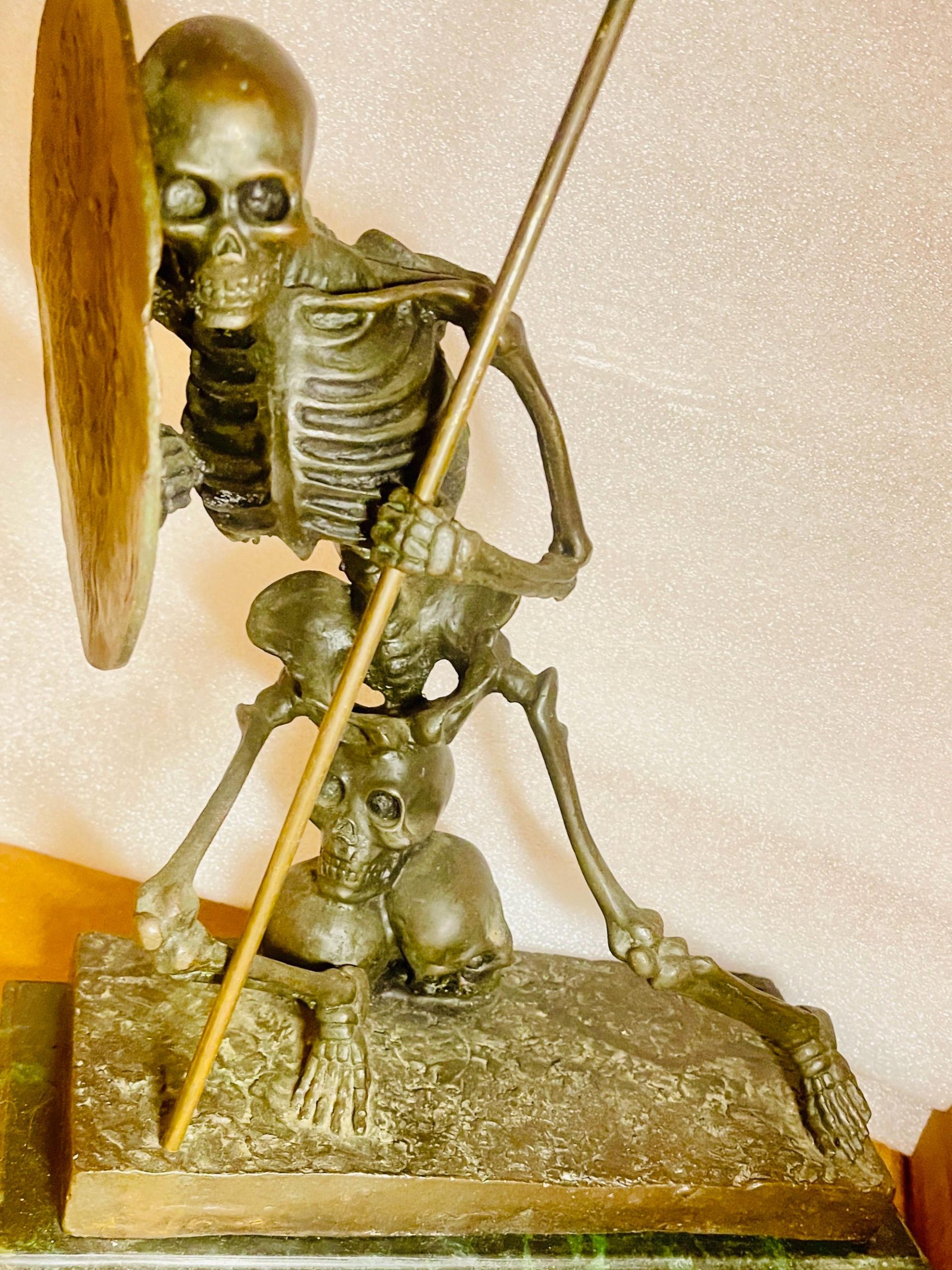Bronze Warrior Skeleton Sculpture – Memento Mori Art, Milo Artist, Marble Base - Image 5