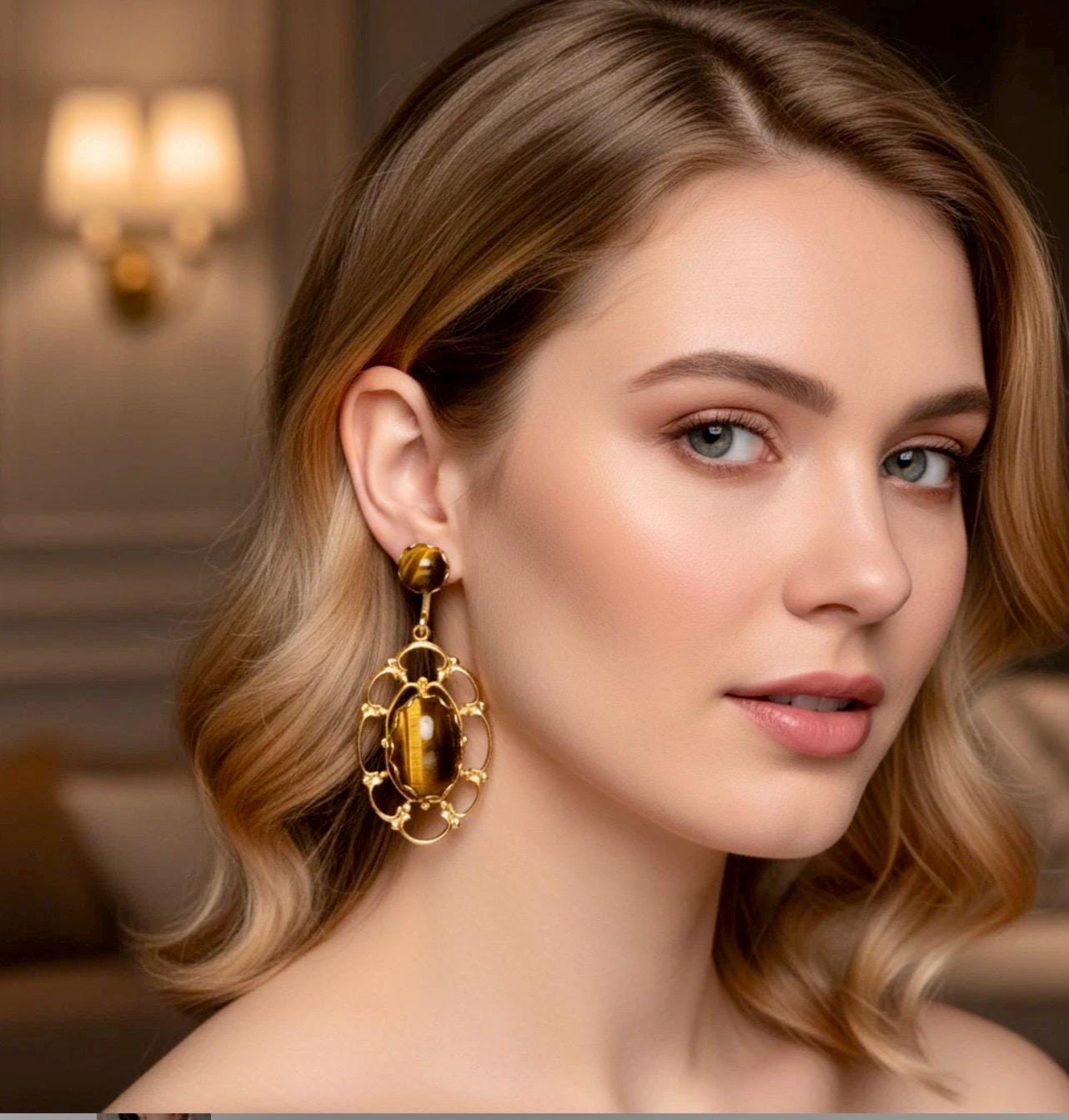 Tigers eye 14k yellow gold clip on earrings