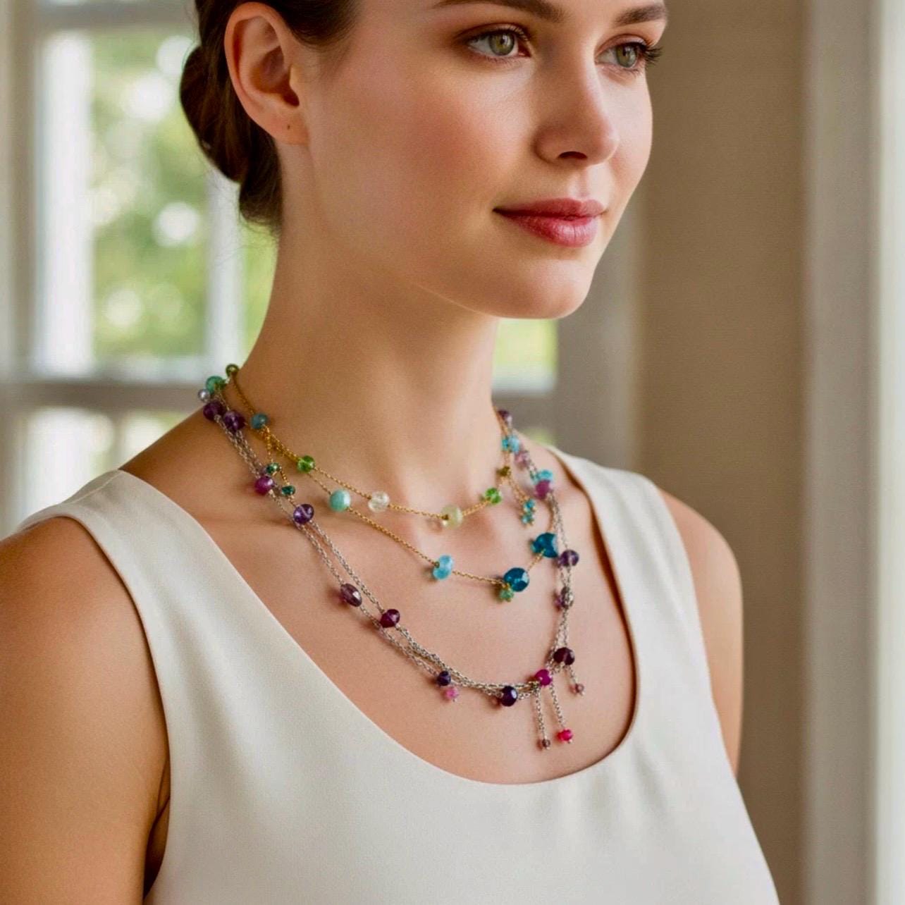Handmade Sterling Silver long Amethyst Bead Necklace, or gold vermeil gemstone necklace