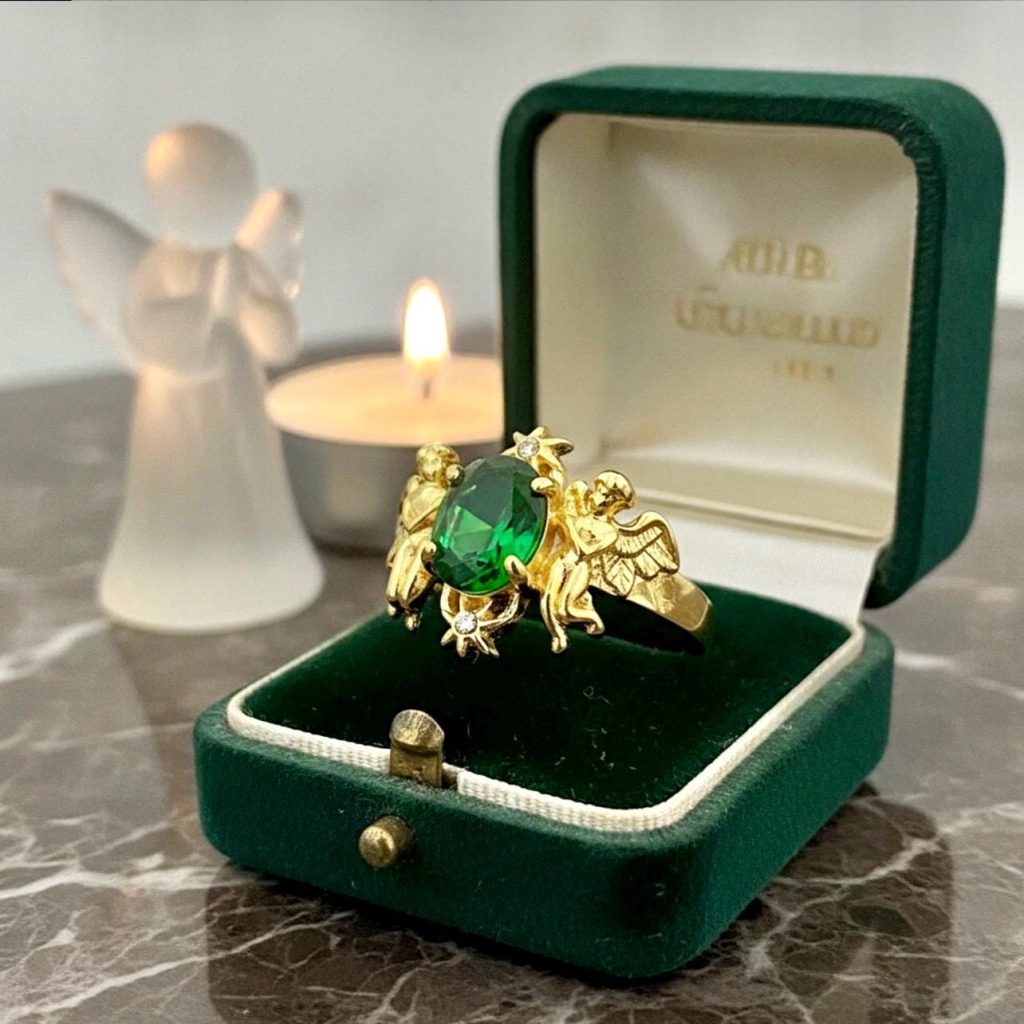 Angels watching over you memorial ring- rose cut green oval Victorian style memorial ring