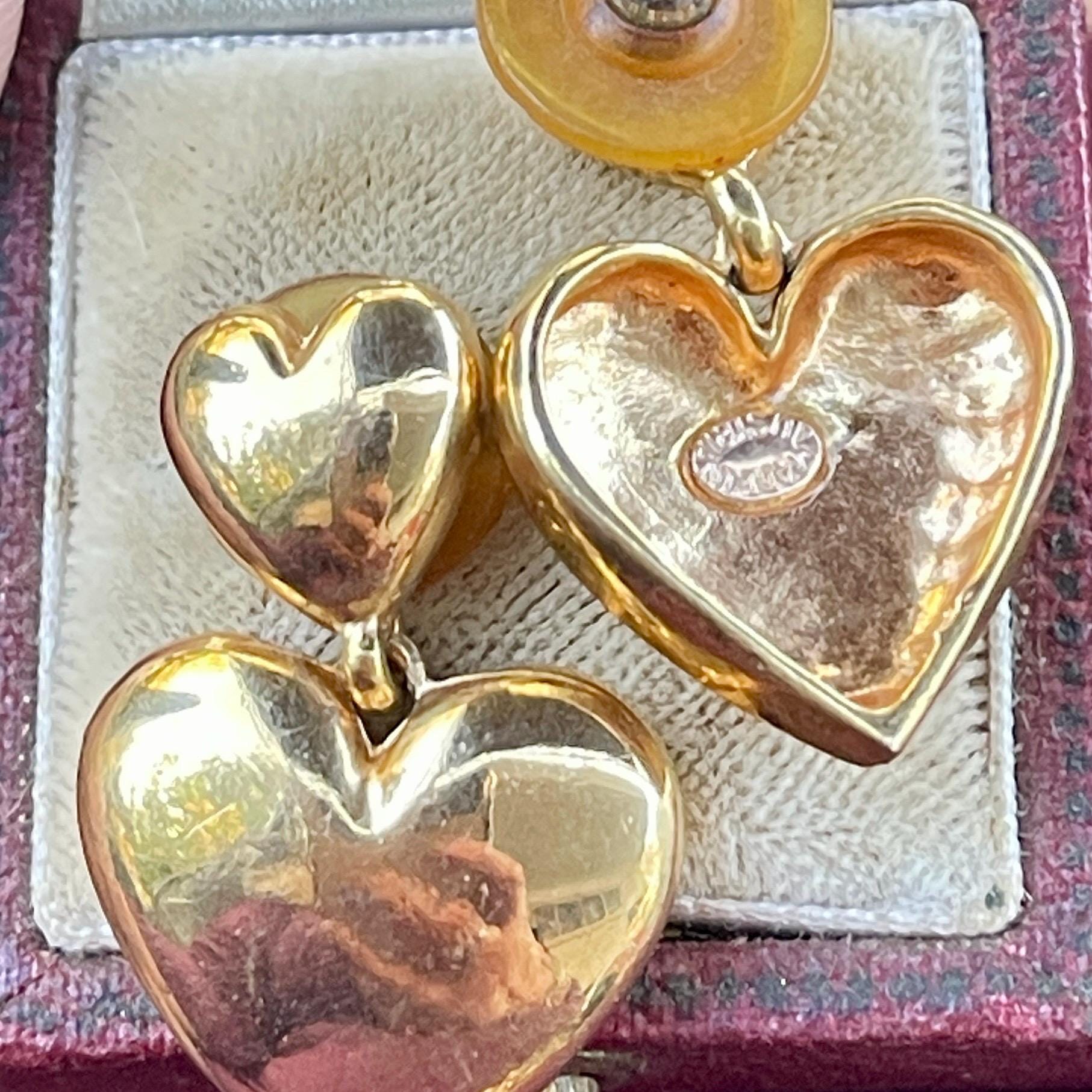 18kt Gold, double heart Dangle drop signed earrings - Image 6