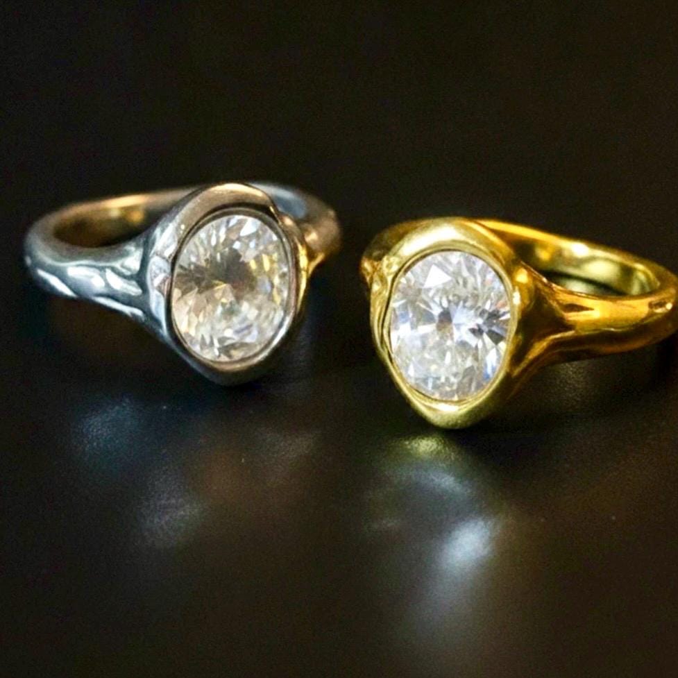 Quartz 18k Gold Lava Ring: Organic Large crystal lava yellow or white gold ring