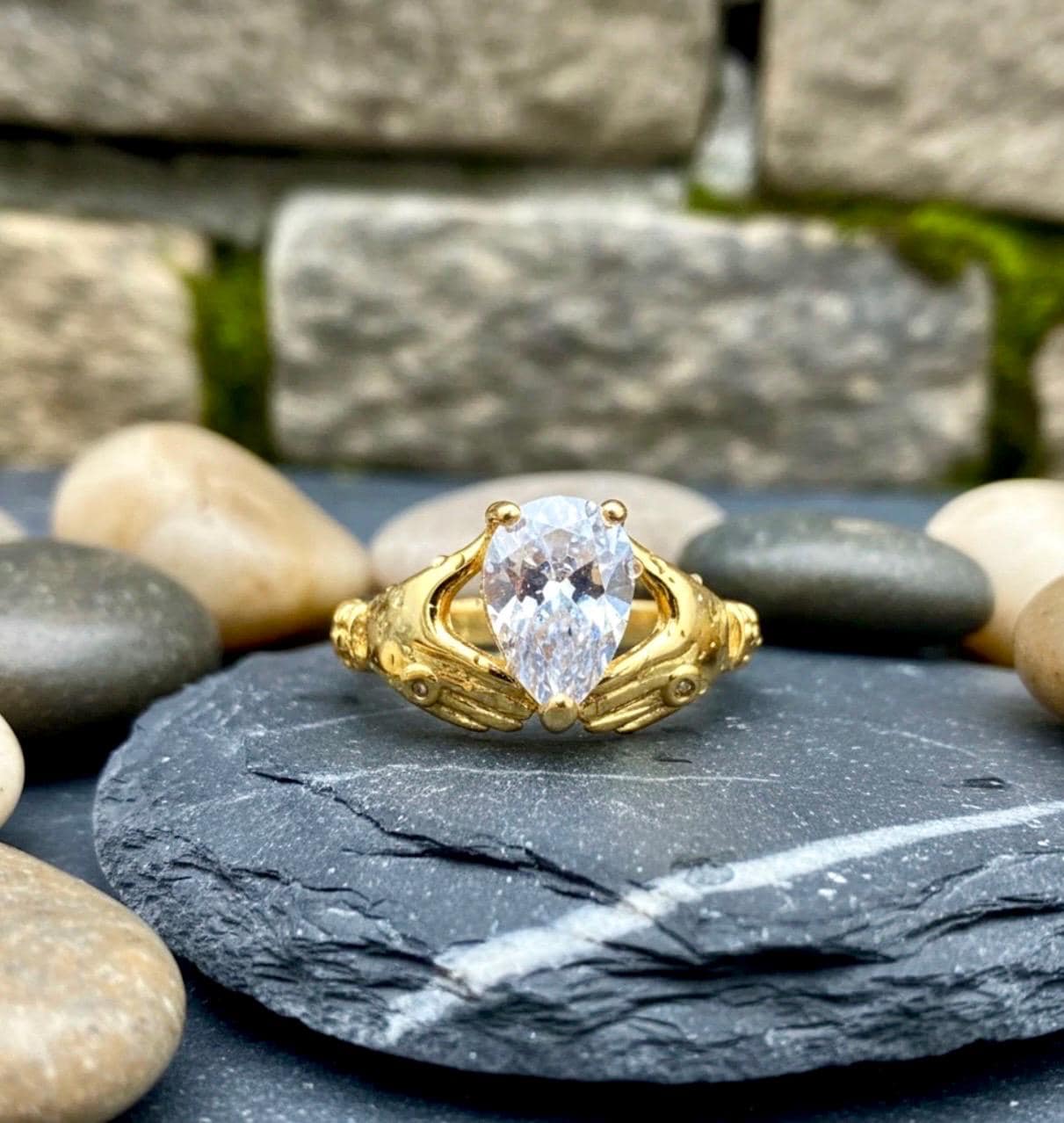 Victorian Hands Claddagh Ring, 14k yellow Gold Vermeil, one carat Pear shaped Ring
