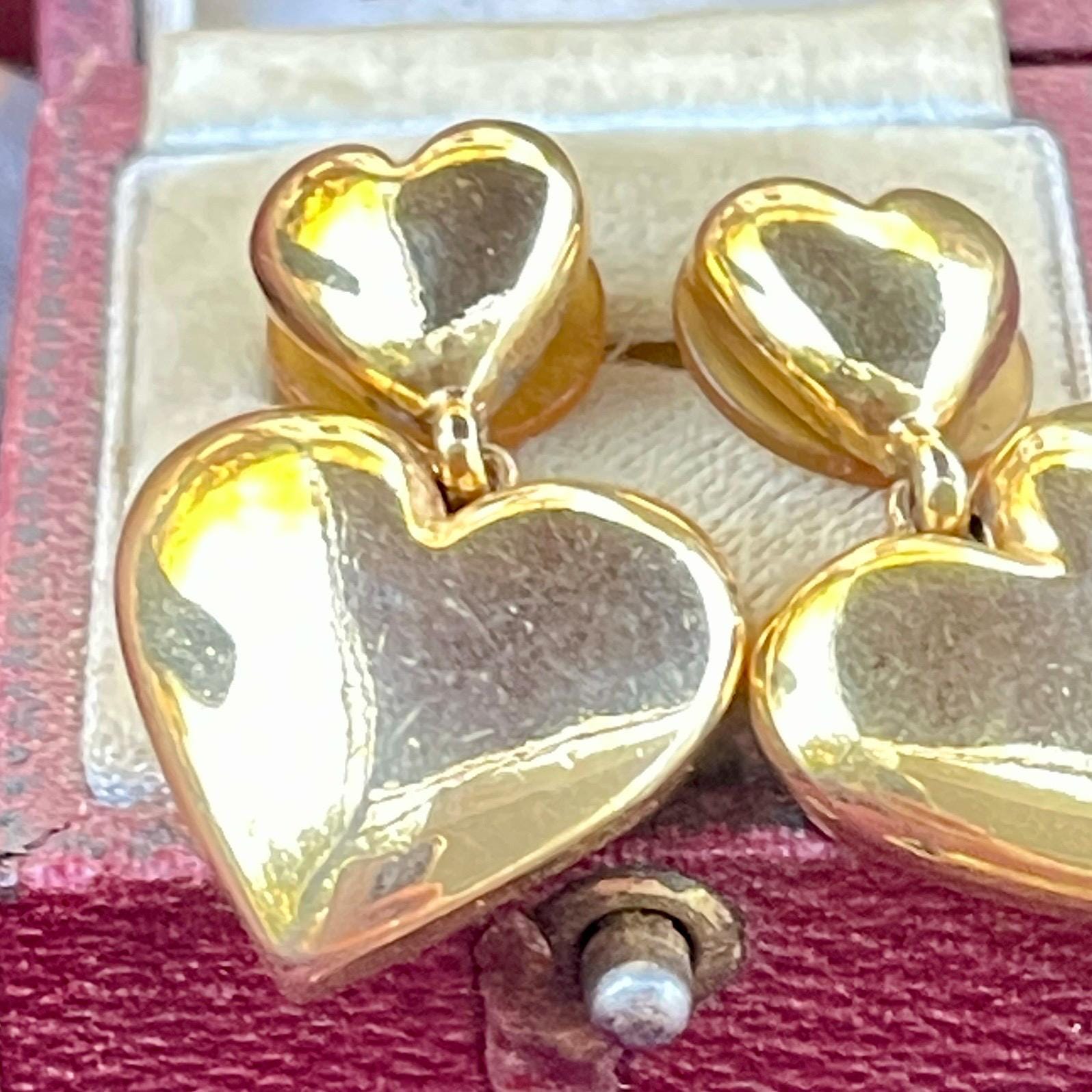 18kt Gold, double heart Dangle drop signed earrings - Image 5
