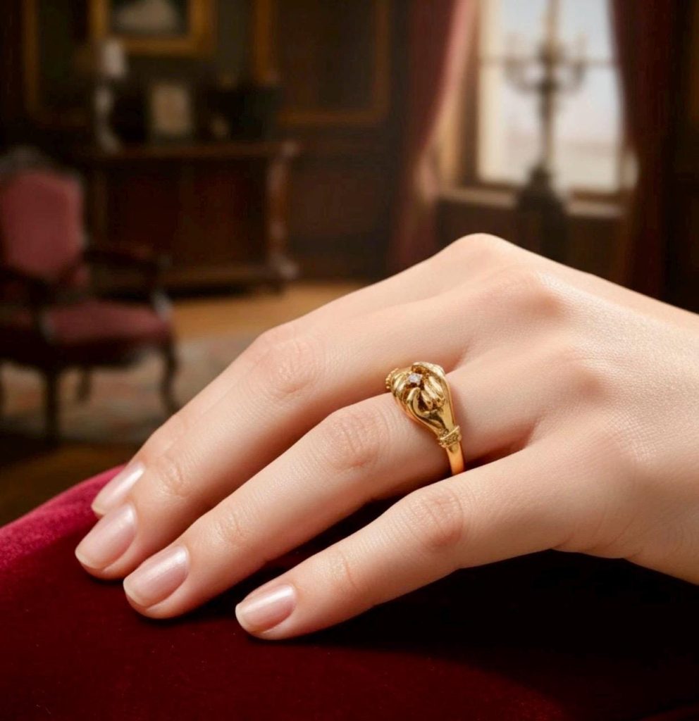 Victorian Fede Hands Ring, 18k Gold Vermeil, Simulated Diamond