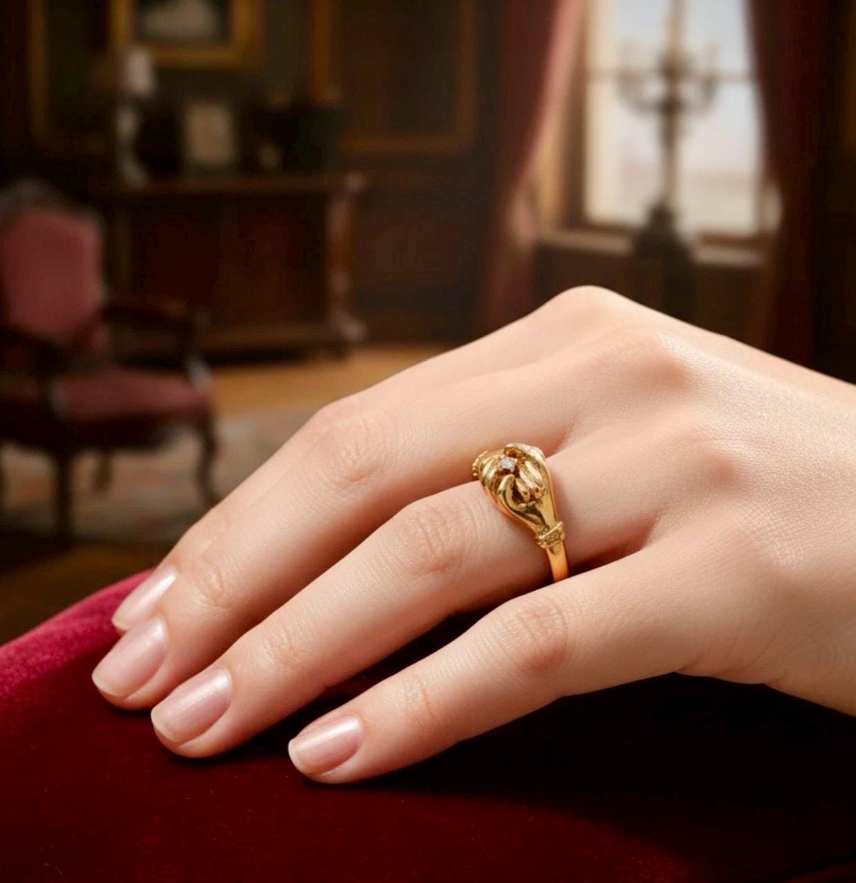 Victorian Fede Hands Ring, 18k Gold Vermeil, Simulated Diamond