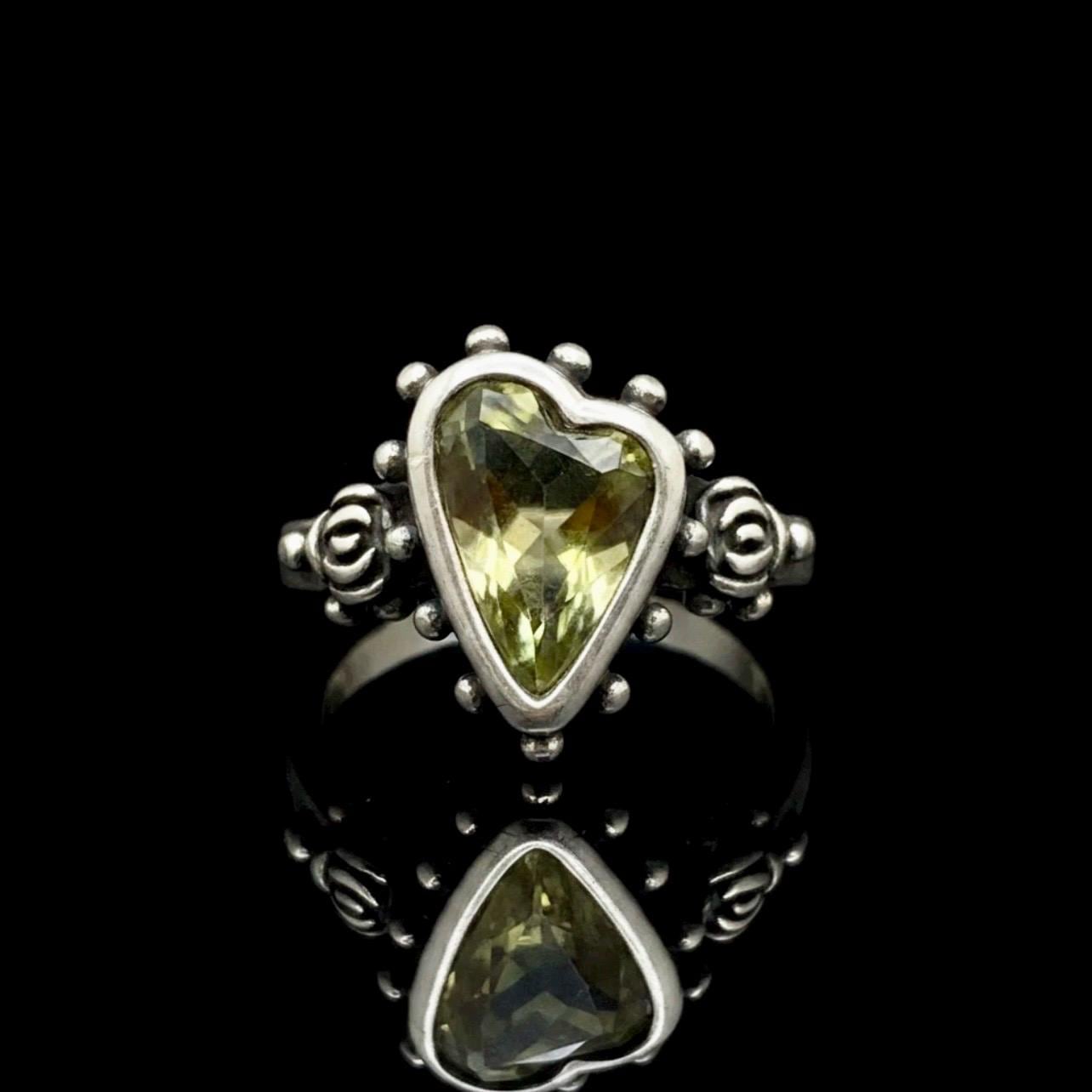 Green Sterling Silver Adjustable Vintage Heart Peridot Ring