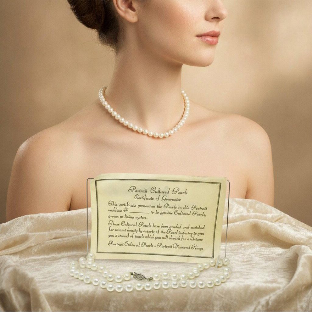 Vintage Portrait Cultured Pearl Necklace: 14K White Gold Clasp, Original Box