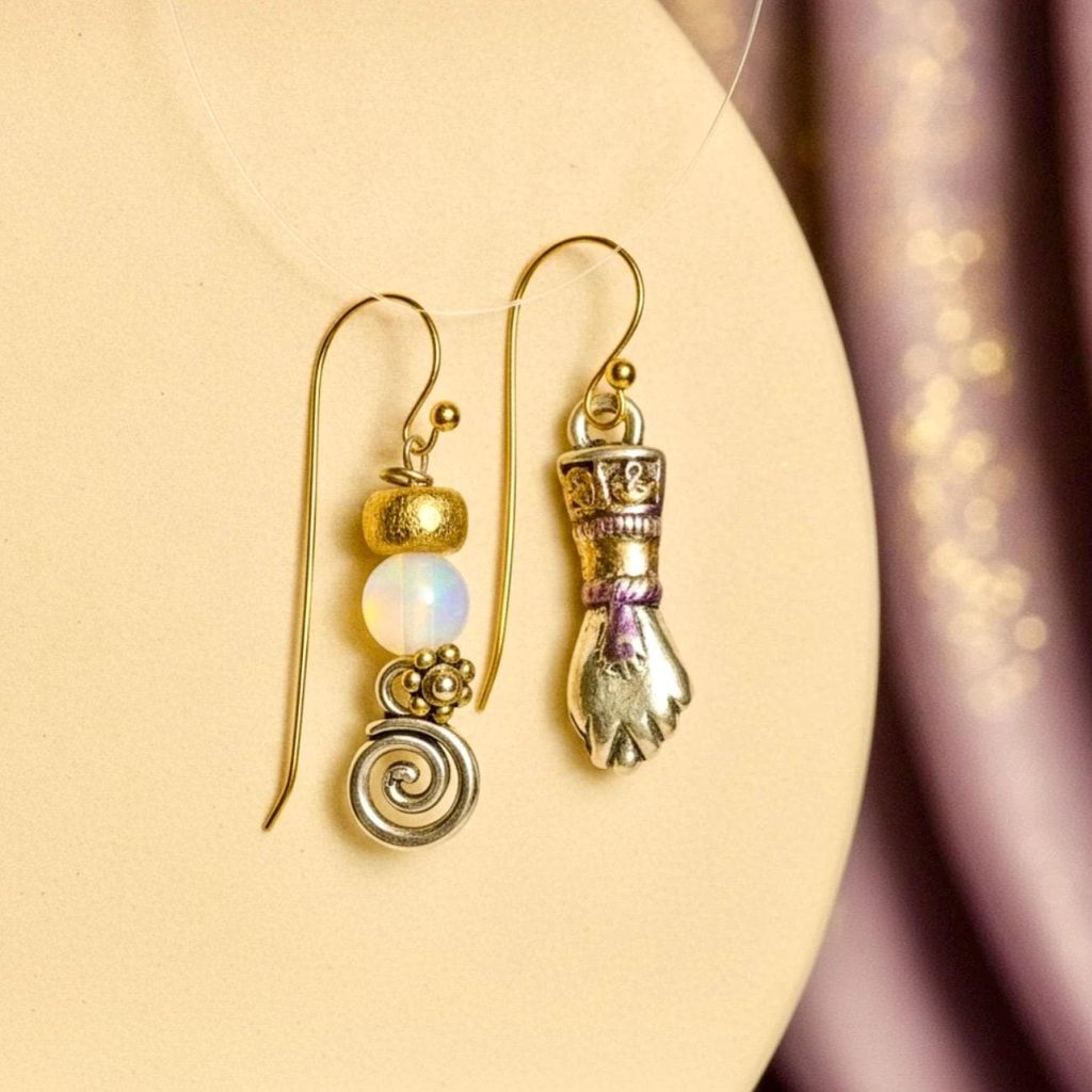 Asymmetrical Figa Fist Victorian Hand mixed metals Earrings: Memento Mori earrings