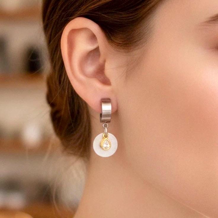 Everyday Earring Mixed Metals Dainty Sterling Silver Earrings: Small Moissanite Hoop Earrings