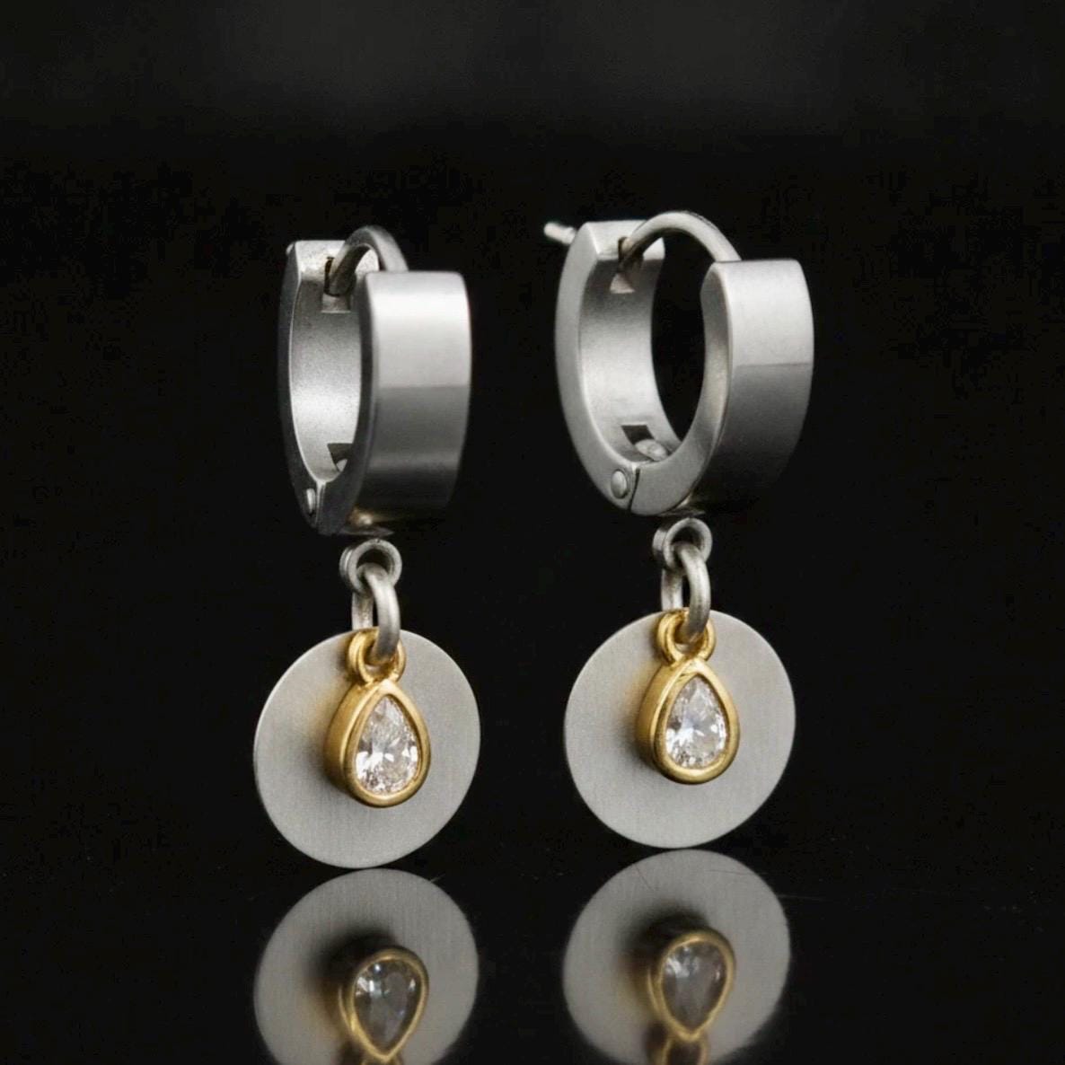 Everyday Earring Mixed Metals Dainty Sterling Silver Earrings: Small Moissanite Hoop Earrings - Image 4